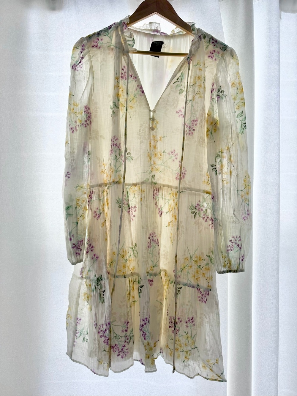 Lightweight Floral Tiered Mini Dress - Cream with Yellow & Purple Blossoms